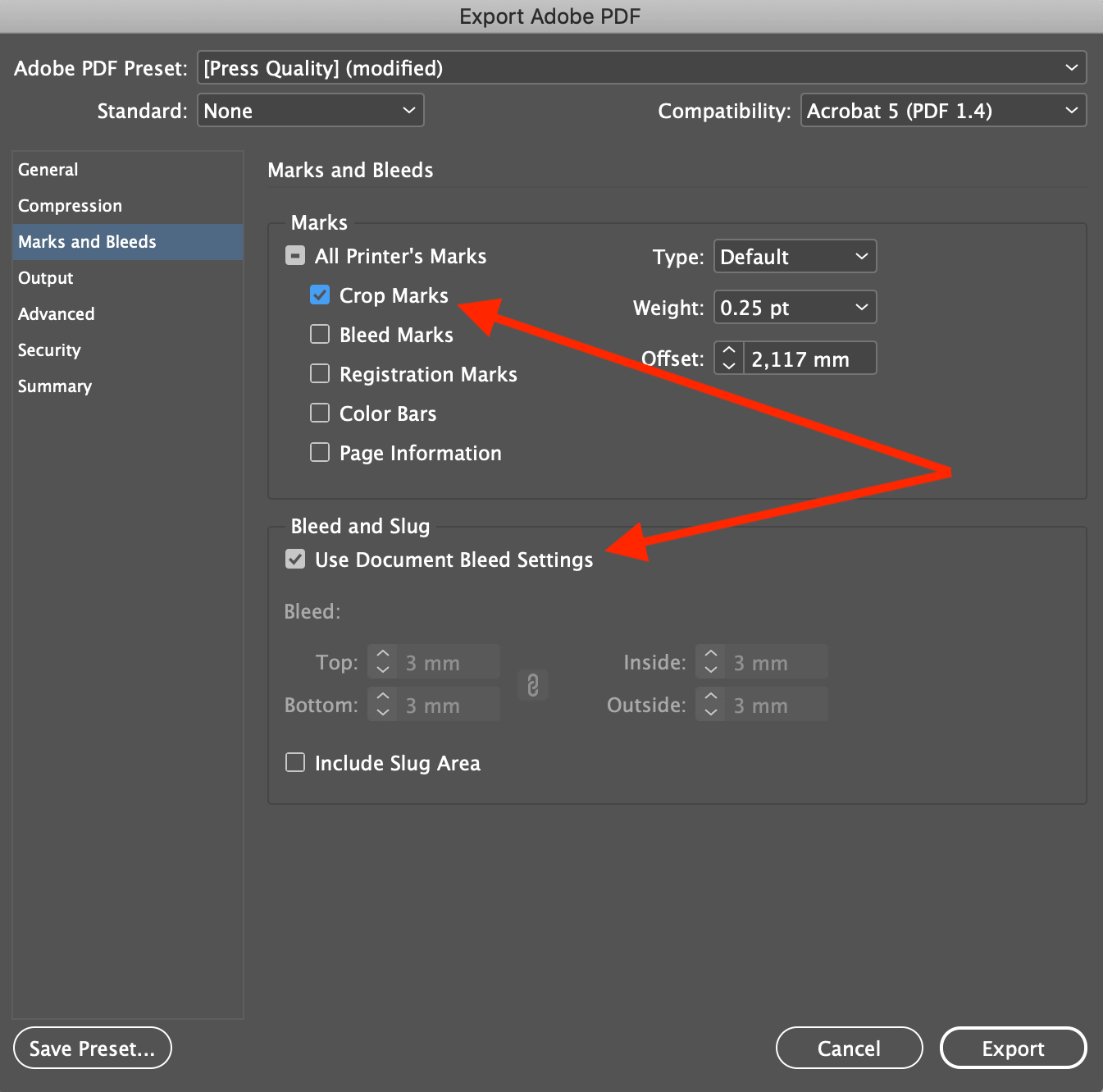 Paramètres traits de coupe et fond perdu export pdf InDesign